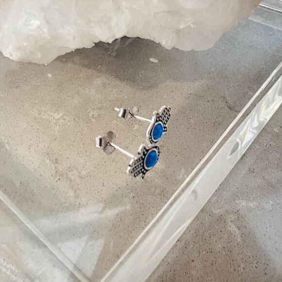 Blue Lab Opal Sterling Silver Hamsa Earrings - Picture 4 of 4